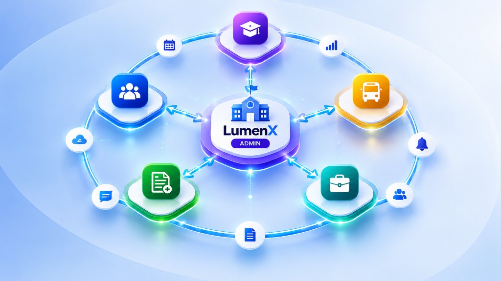 LumenX Admin at the center, connected to Connect, Transport, Admissions, Careers, and related modules